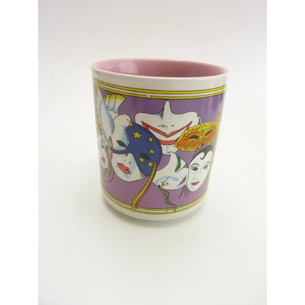 Vintage New Orleans Mardi Gras Coffee Mug Colorful Party Masks Ceramic Cup